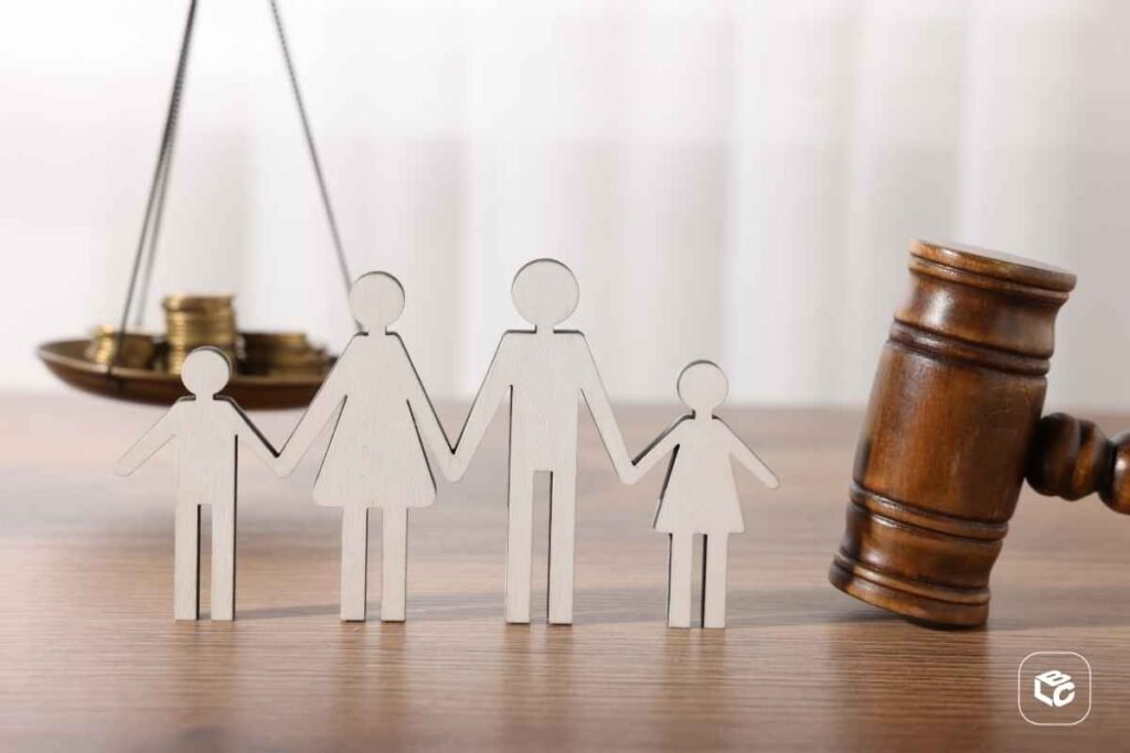 Figuras estilizadas de uma família, feitas em material claro, posicionadas sobre uma mesa de madeira. O grupo é composto por duas figuras adultas ao centro e duas figuras menores nas extremidades, todas de mãos dadas. À direita, há um martelo de juiz de madeira em destaque, enquanto ao fundo aparece uma balança da justiça desfocada. A composição remete a temas de direito de família, guarda de filhos, mediação familiar e questões jurídicas relacionadas ao núcleo familiar.